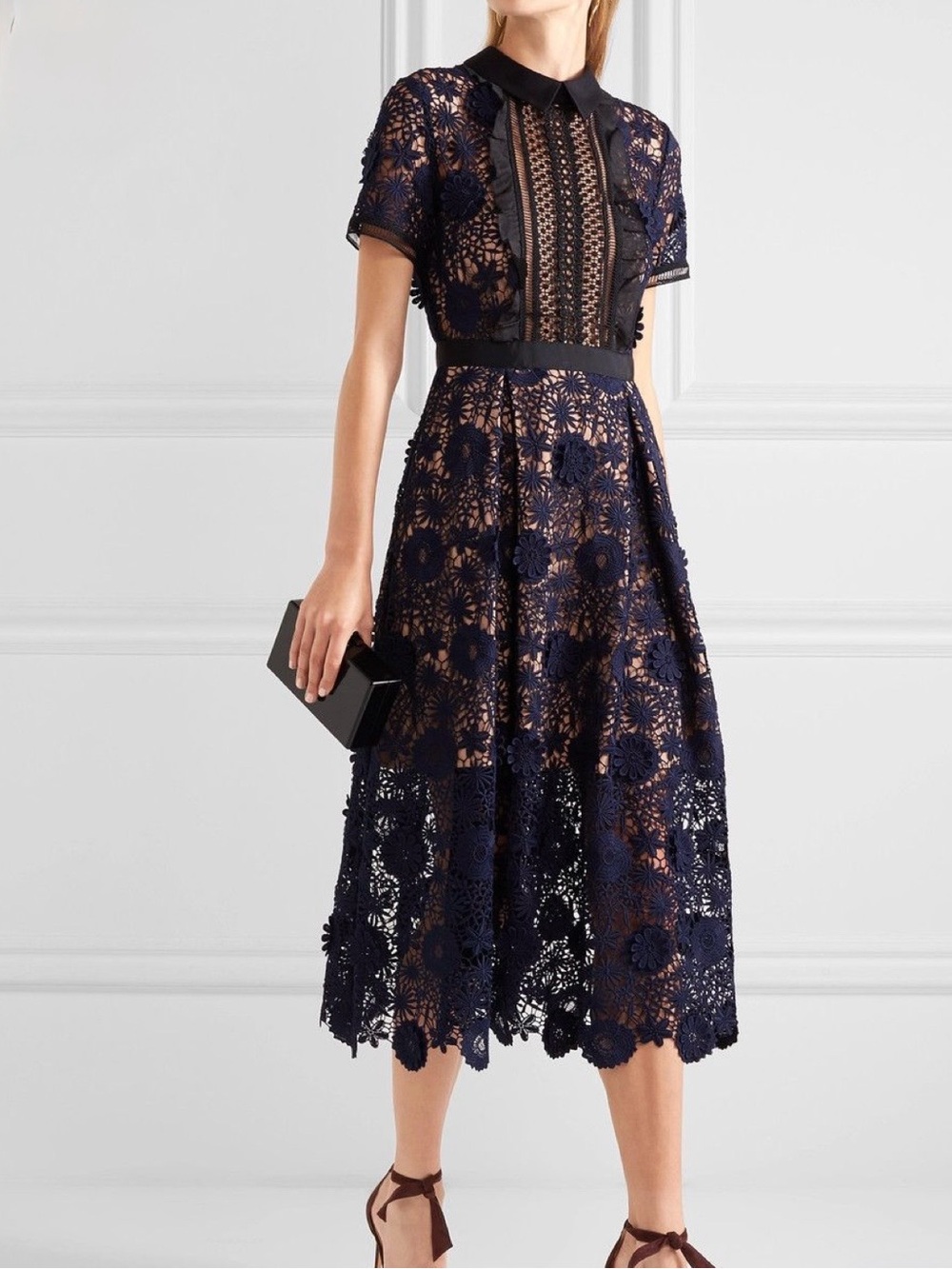 🆕 Self-Portrait Camilla Chiffon-trimmed Guipure Lace Dress in Navy size 10